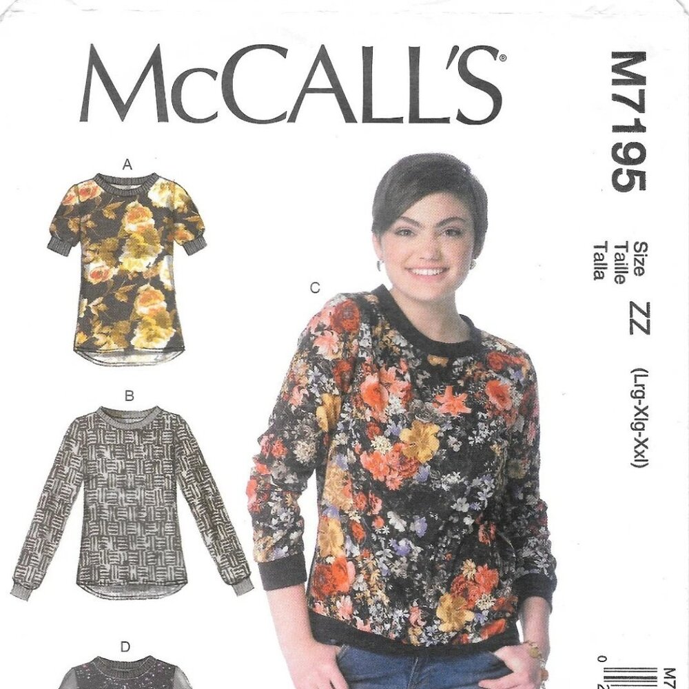 McCalls M7195 Sewing Pattern Misses' Tops Size LRG-XLG-XXL